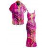 Hawaiian Vacation Couple Outfit Metallic Gold Marble Fluid Print Spaghetti Strap Maxi Bodycon Dress and Shirt Set - Rose Vif S | US 4