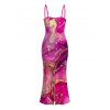 Hawaiian Vacation Couple Outfit Metallic Gold Marble Fluid Print Spaghetti Strap Maxi Bodycon Dress and Shirt Set - Rose Vif S | US 4