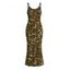 Vacation Hawaiian Dress Metallic Gold Dots Geometric Print Spaghetti Strap Maxi Bodycon Dress - Noir XXL | US 14