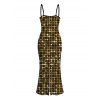 Vacation Hawaiian Dress Metallic Gold Dots Geometric Print Spaghetti Strap Maxi Bodycon Dress - Noir XXL | US 14