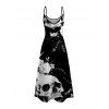 Vacation Gothic Dress Monochrome Skulls Insects Floral Print Pocket Spaghetti Strap Dress - Noir XXXXXL | US 20