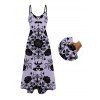 Gothic Dress Rose Cross Skulls Bats Print Pocket Spaghetti Strap Dress - Violet clair XXXXXL | US 20