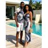 Vacation Couple Outfit Metallic Marble Fluid Rose Floral Print Spaghetti Strap Maxi Bodycon Dress and Shirt Set - Violet clair S | US 4