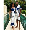 Vacation Couple Outfit Colorblock Leopard Geometric Patchwork Print Spaghetti Strap Maxi Bodycon Dress and Shirt Set - Bleu Marine S | US 4