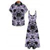 Gothic Couple Outfit Rose Cross Skulls Bats Print Pocket Spaghetti Strap Dress and Shirt Set - Violet clair S | US 4
