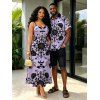 Gothic Couple Outfit Rose Cross Skulls Bats Print Pocket Spaghetti Strap Dress and Shirt Set - Violet clair S | US 4