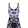 Gothic Couple Outfit Rose Cross Skulls Bats Print Pocket Spaghetti Strap Dress and Shirt Set - Violet clair S | US 4