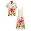Vacation Couple Outfit Colored Floral Leaf Print Pocket Spaghetti Strap Dress and Shirt Garden Style Set - Champagne S | US 4
