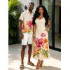 Vacation Couple Outfit Colored Floral Leaf Print Pocket Spaghetti Strap Dress and Shirt Garden Style Set - Champagne S | US 4