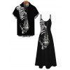 Gothic Couple Outfit Skeleton Bond Print Pocket Spaghetti Strap Dress and Shirt Set - Noir S | US 4