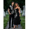 Gothic Couple Outfit Skeleton Bond Print Pocket Spaghetti Strap Dress and Shirt Set - Noir S | US 4
