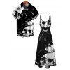 Vacation Gothic Couple Outfit Monochrome Skulls Insects Floral Print Pocket Spaghetti Strap Dress and Shirt Set - Noir S | US 4