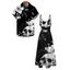 Vacation Gothic Couple Outfit Monochrome Skulls Insects Floral Print Pocket Spaghetti Strap Dress and Shirt Set - Noir S | US 4