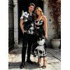 Vacation Gothic Couple Outfit Monochrome Skulls Insects Floral Print Pocket Spaghetti Strap Dress and Shirt Set - Noir S | US 4