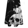 Vacation Gothic Couple Outfit Monochrome Skulls Insects Floral Print Pocket Spaghetti Strap Dress and Shirt Set - Noir S | US 4
