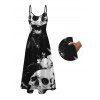 Vacation Gothic Couple Outfit Monochrome Skulls Insects Floral Print Pocket Spaghetti Strap Dress and Shirt Set - Noir S | US 4