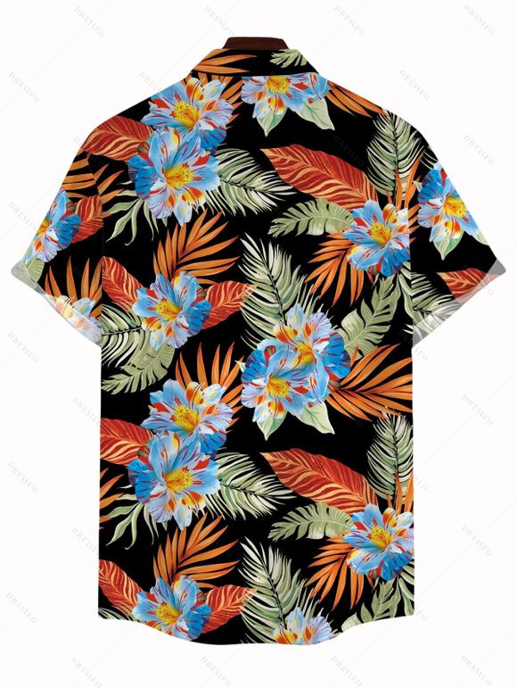 Men's Hawaiian Vacation Shirt Tropical Hibiscus Floral Leaf Print Button Up Shirt - Noir 5XL