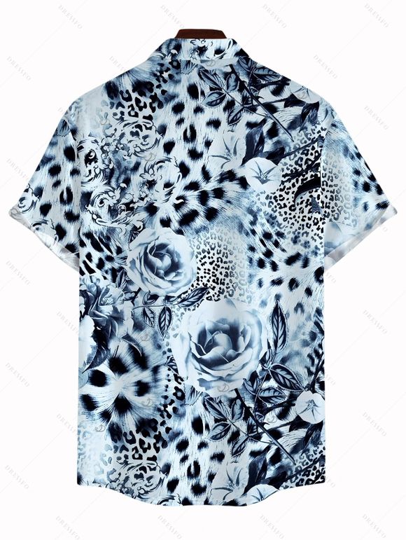 Men's Vacation Shirt Ink Painting Rose Floral Leopard Print Button Up Shirt - Bleu Poudre 5XL