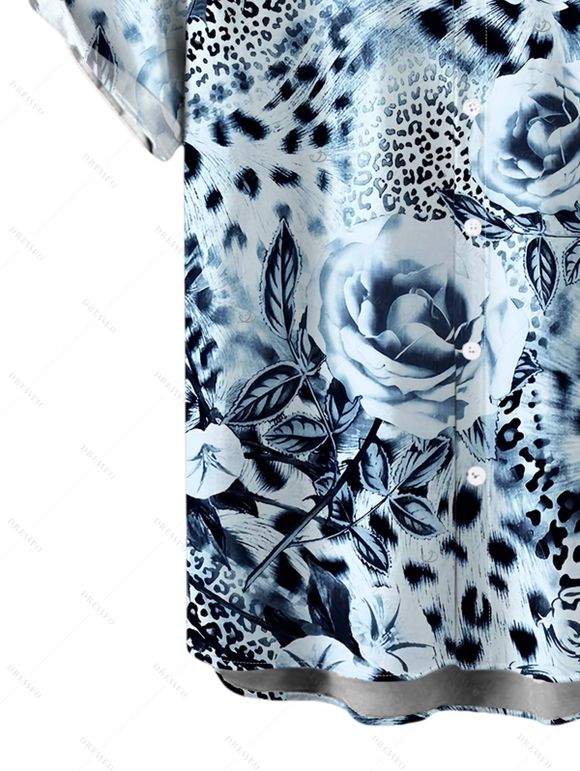 Men's Vacation Shirt Ink Painting Rose Floral Leopard Print Button Up Shirt - Bleu Poudre 5XL
