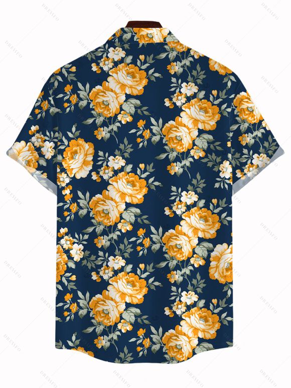Men's Hawaiian Vacation Shirt Yellow Rose Floral Leaf Print Button Up Shirt - Bleu de Minuit 5XL