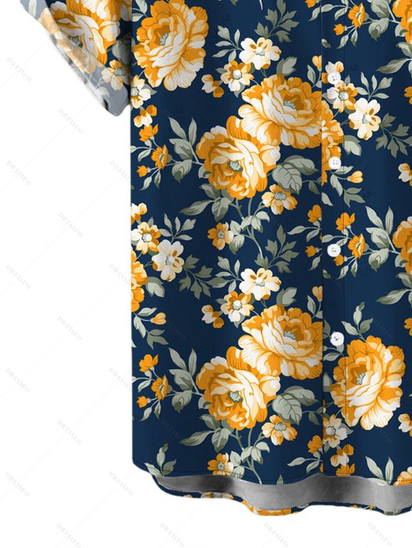 Men's Hawaiian Vacation Shirt Yellow Rose Floral Leaf Print Button Up Shirt - Bleu de Minuit 5XL