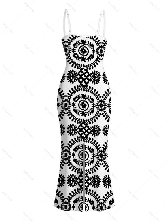 Bohemian Dress Mandala Ethnic Print Spaghetti Strap Maxi Bodycon Dress - Noir XXL | US 14