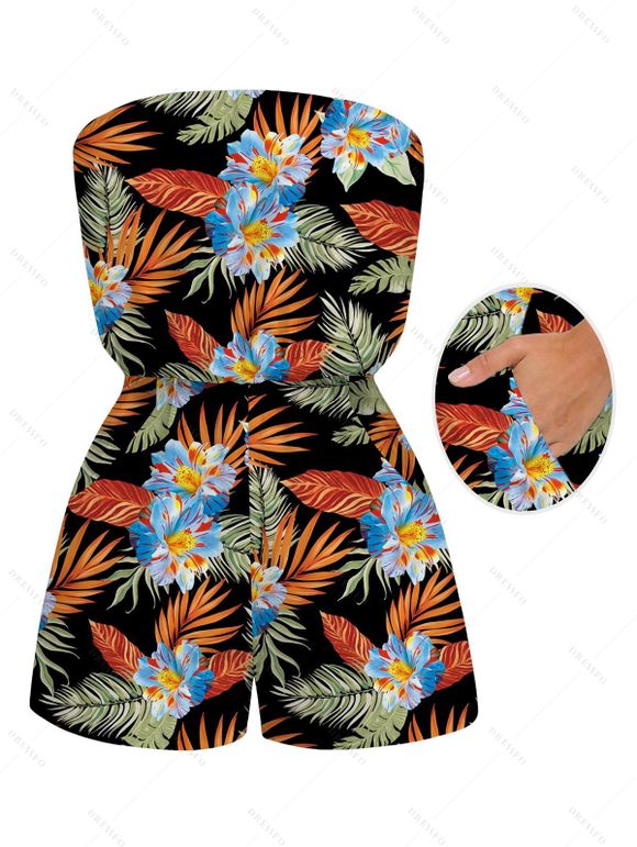 Hawaiian Vacation Romper Tropical Hibiscus Floral Leaf Print Pocket Off the Shoulder Romper - Noir XXL | US 14