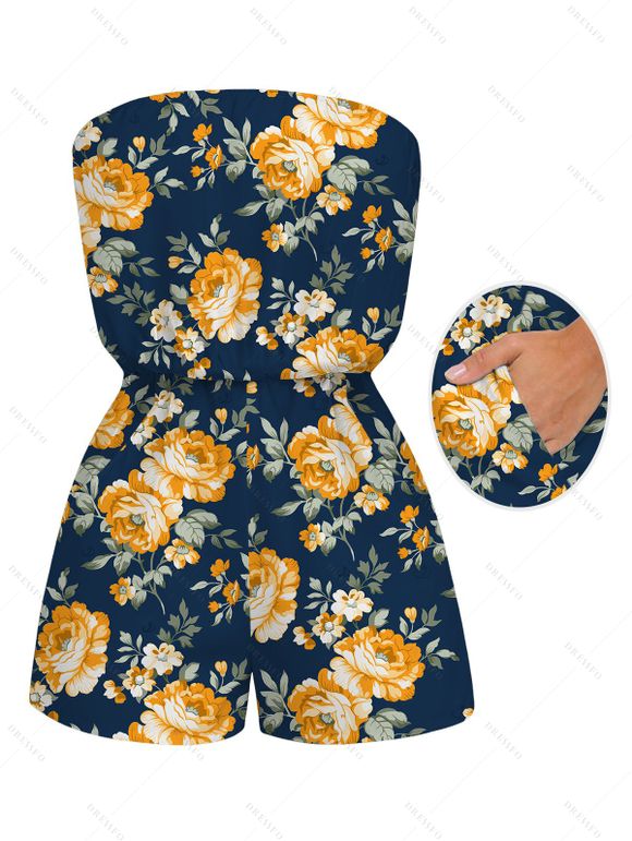 Hawaiian Vacation Romper Yellow Rose Floral Leaf Print Pocket Off the Shoulder Romper - Bleu de Minuit XXL | US 14