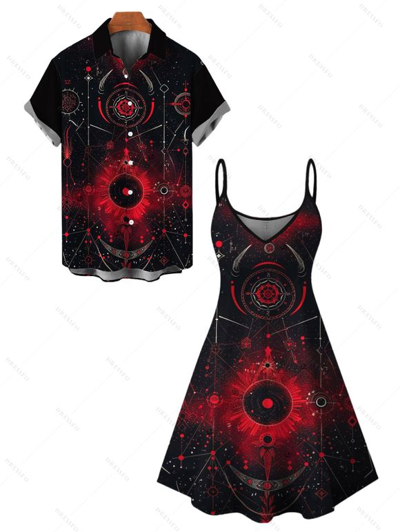 Gothic Couple Outfit Moon Star Astrology Magic Circle Print Spaghetti Strap Mini Dress and Shirt Set - Noir S | US 4