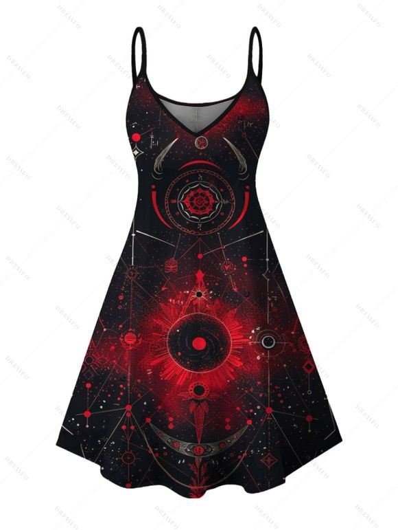 Gothic Couple Outfit Moon Star Astrology Magic Circle Print Spaghetti Strap Mini Dress and Shirt Set - Noir S | US 4