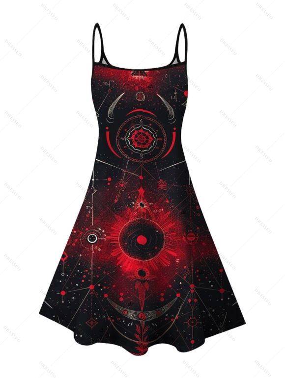 Gothic Couple Outfit Moon Star Astrology Magic Circle Print Spaghetti Strap Mini Dress and Shirt Set - Noir S | US 4