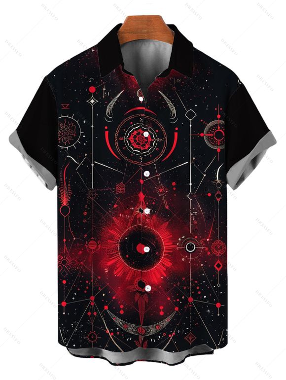 Gothic Couple Outfit Moon Star Astrology Magic Circle Print Spaghetti Strap Mini Dress and Shirt Set - Noir S | US 4