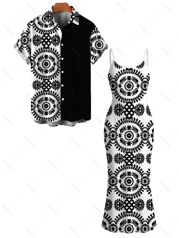 Bohemian Couple Outfit Mandala Ethnic Print Spaghetti Strap Maxi Bodycon Dress and Contract Color Shirt Set - Noir S | US 4