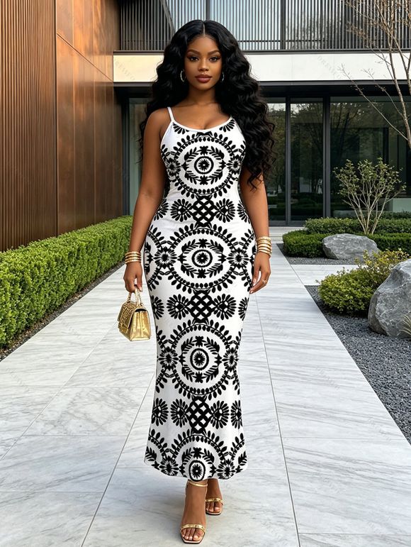 Bohemian Couple Outfit Mandala Ethnic Print Spaghetti Strap Maxi Bodycon Dress and Contract Color Shirt Set - Noir S | US 4