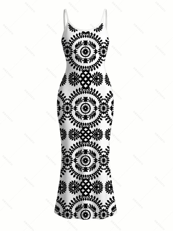 Bohemian Couple Outfit Mandala Ethnic Print Spaghetti Strap Maxi Bodycon Dress and Contract Color Shirt Set - Noir S | US 4