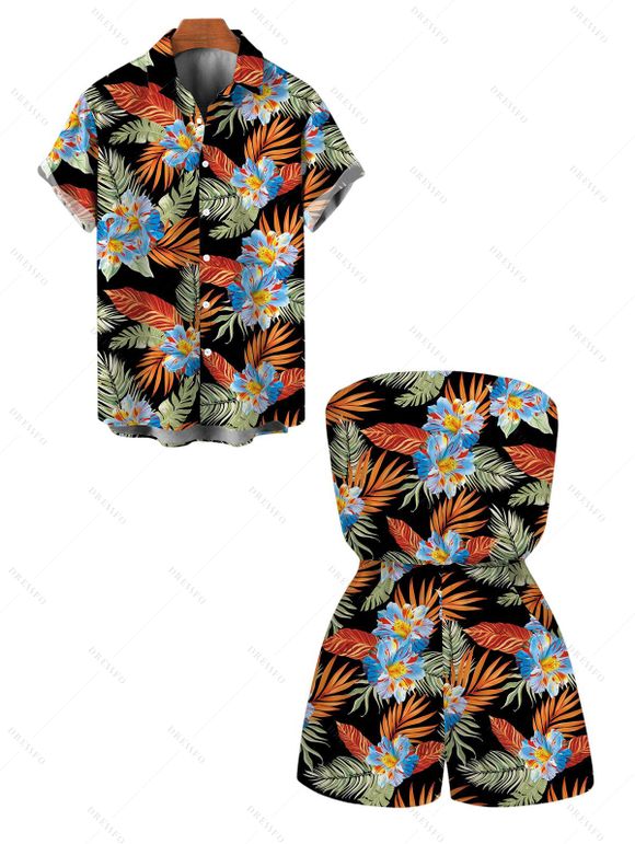 Vacation Hawaiian Couple Outfit Tropical Hibiscus Floral Leaf Print Pocket Off the Shoulder Romper and Shirt Set - Noir S | US 4