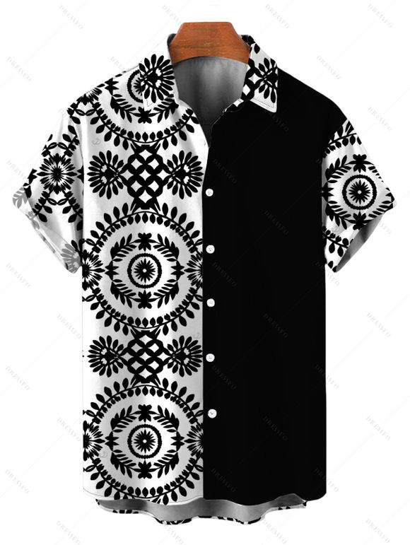 Bohemian Couple Outfit Mandala Ethnic Print Spaghetti Strap Maxi Bodycon Dress and Contract Color Shirt Set - Noir S | US 4