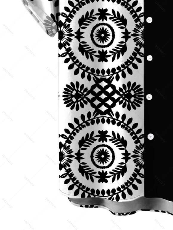 Bohemian Couple Outfit Mandala Ethnic Print Spaghetti Strap Maxi Bodycon Dress and Contract Color Shirt Set - Noir S | US 4