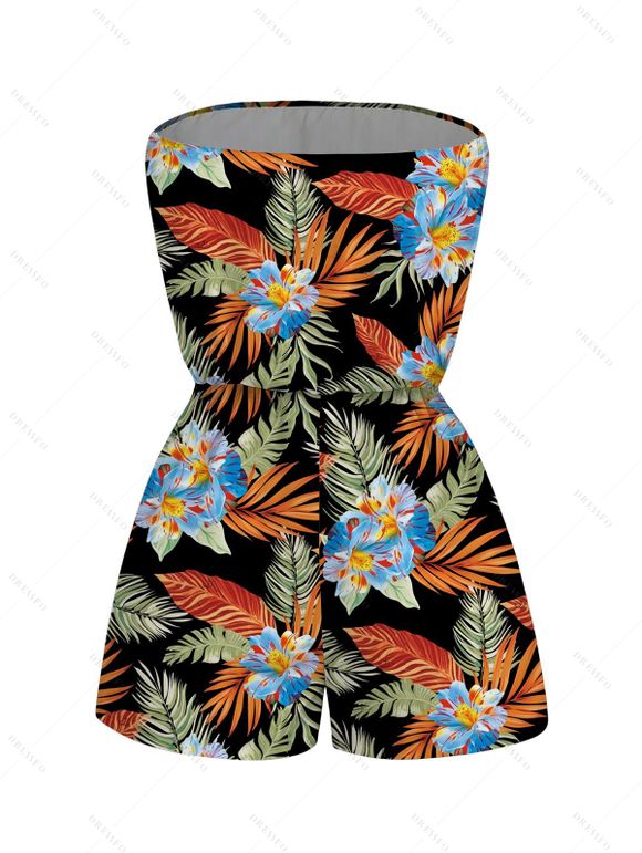 Vacation Hawaiian Couple Outfit Tropical Hibiscus Floral Leaf Print Pocket Off the Shoulder Romper and Shirt Set - Noir S | US 4