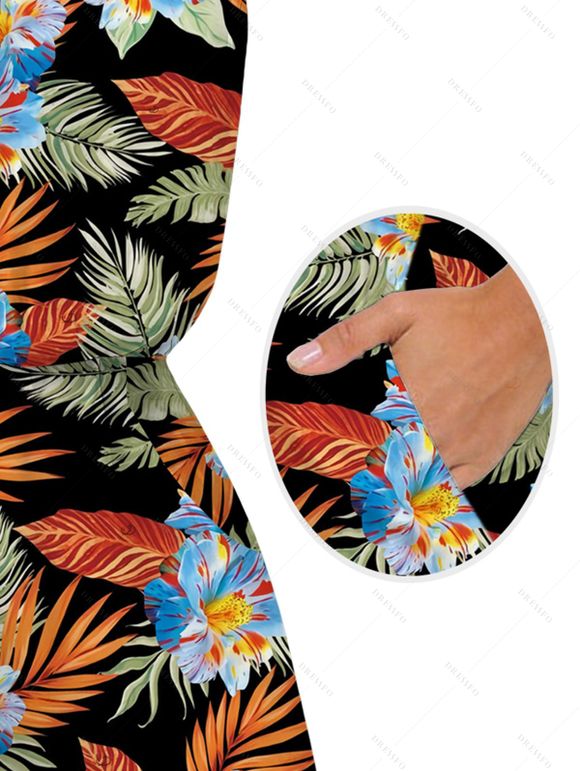 Vacation Hawaiian Couple Outfit Tropical Hibiscus Floral Leaf Print Pocket Off the Shoulder Romper and Shirt Set - Noir S | US 4
