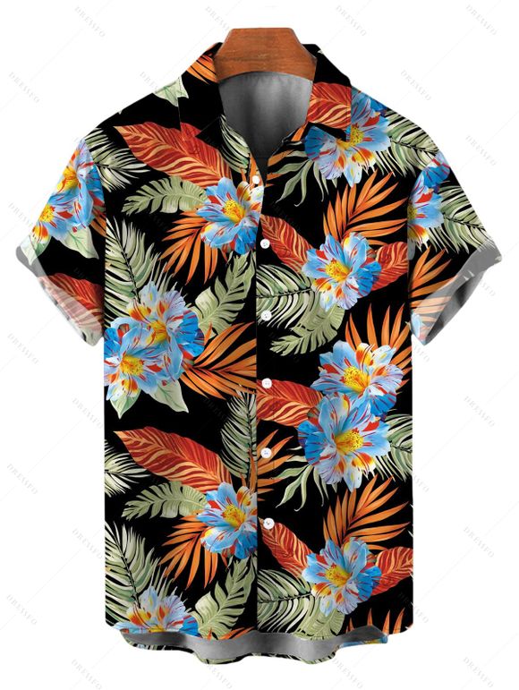 Vacation Hawaiian Couple Outfit Tropical Hibiscus Floral Leaf Print Pocket Off the Shoulder Romper and Shirt Set - Noir S | US 4