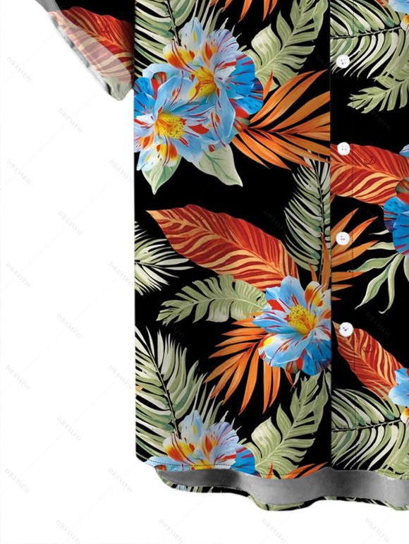 Vacation Hawaiian Couple Outfit Tropical Hibiscus Floral Leaf Print Pocket Off the Shoulder Romper and Shirt Set - Noir S | US 4
