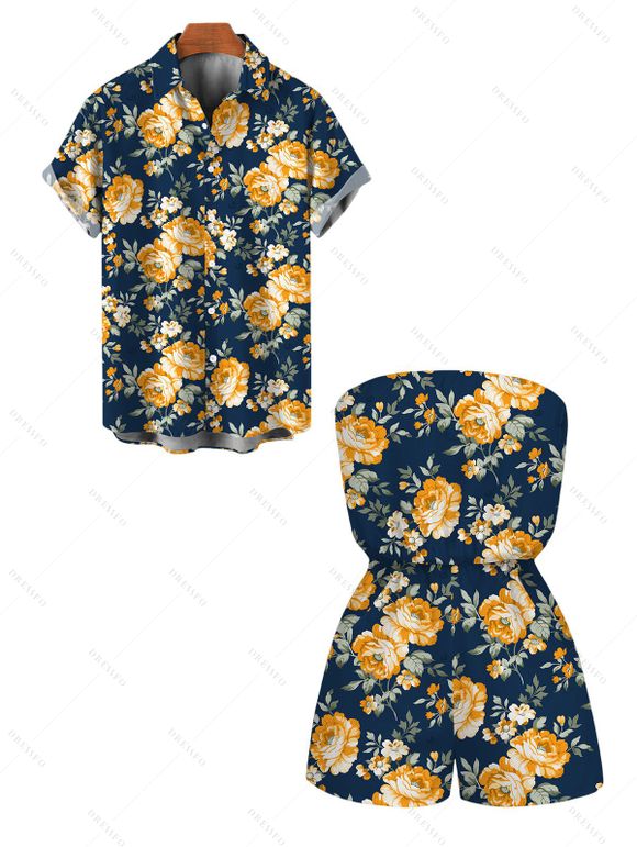 Hawaiian Vacation Couple Outfit Yellow Rose Floral Leaf Print Pocket Off the Shoulder Romper and Shirt Set - Bleu de Minuit S | US 4