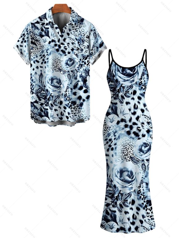 Vacation Couple Outfit Ink Painting Rose Floral Leopard Print Spaghetti Strap Maxi Bodycon Dress and Shirt Set - Bleu Poudre S | US 4