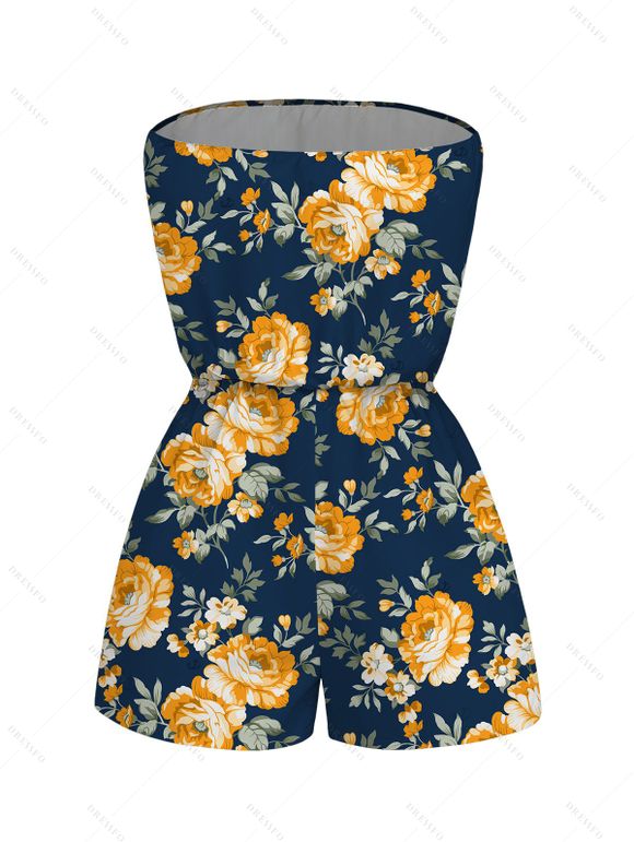 Hawaiian Vacation Couple Outfit Yellow Rose Floral Leaf Print Pocket Off the Shoulder Romper and Shirt Set - Bleu de Minuit S | US 4