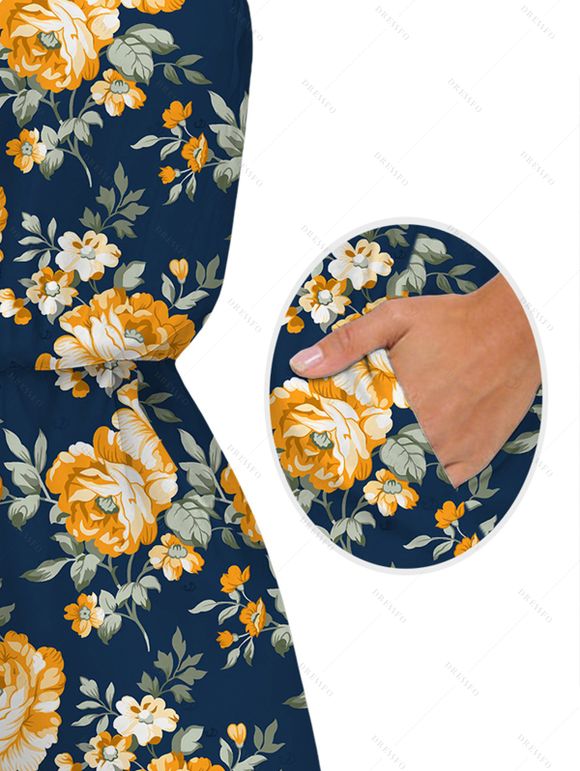 Hawaiian Vacation Couple Outfit Yellow Rose Floral Leaf Print Pocket Off the Shoulder Romper and Shirt Set - Bleu de Minuit S | US 4