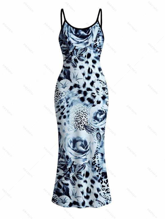 Vacation Couple Outfit Ink Painting Rose Floral Leopard Print Spaghetti Strap Maxi Bodycon Dress and Shirt Set - Bleu Poudre S | US 4