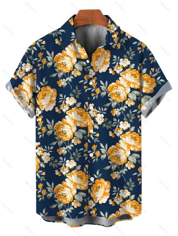 Hawaiian Vacation Couple Outfit Yellow Rose Floral Leaf Print Pocket Off the Shoulder Romper and Shirt Set - Bleu de Minuit S | US 4