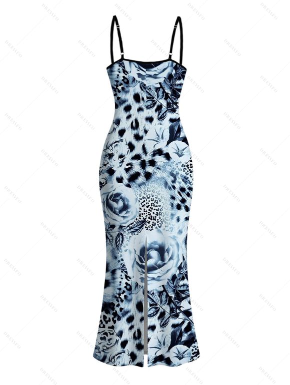 Vacation Couple Outfit Ink Painting Rose Floral Leopard Print Spaghetti Strap Maxi Bodycon Dress and Shirt Set - Bleu Poudre S | US 4