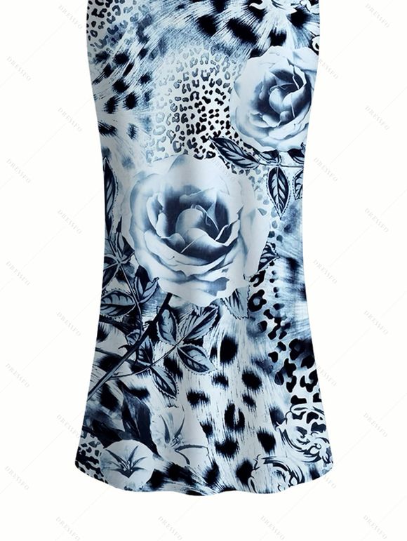 Vacation Couple Outfit Ink Painting Rose Floral Leopard Print Spaghetti Strap Maxi Bodycon Dress and Shirt Set - Bleu Poudre S | US 4